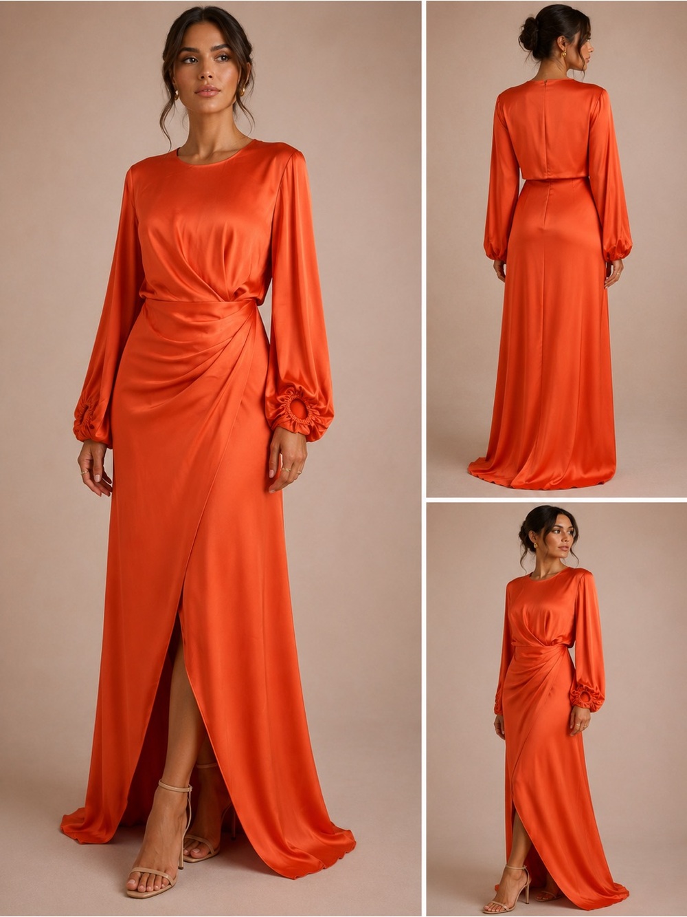 Satin Orange Long Sleeve Wrap Maxi Dress